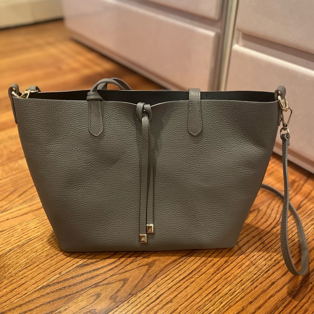 Neiman Marcus Gray Leather Shoulder Bag with Adjustable Strap